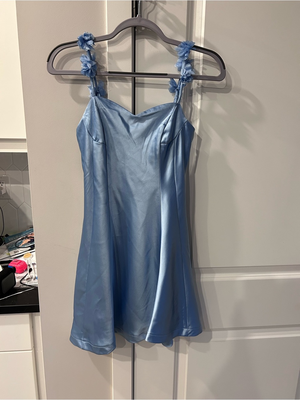 NWT Thirty/Thirty Satin Floral Strap Slip Dress Light Blue Coquette Soft Girl